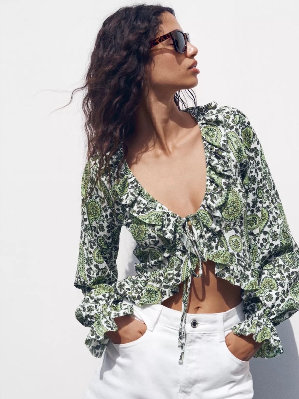 Zara Paisley Ruffle Tie-Front Blouse